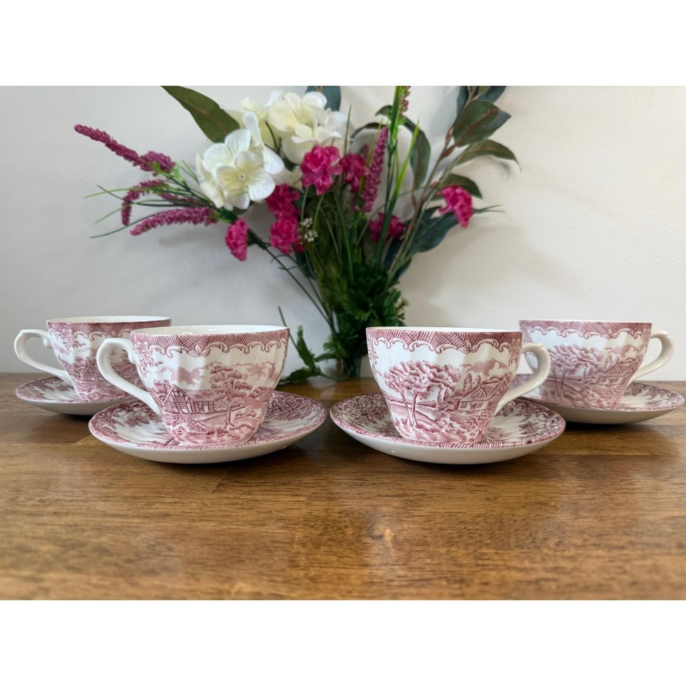 Churchill The Brook Pink Set of 4 Cups Saucers England Transferware Tea Set